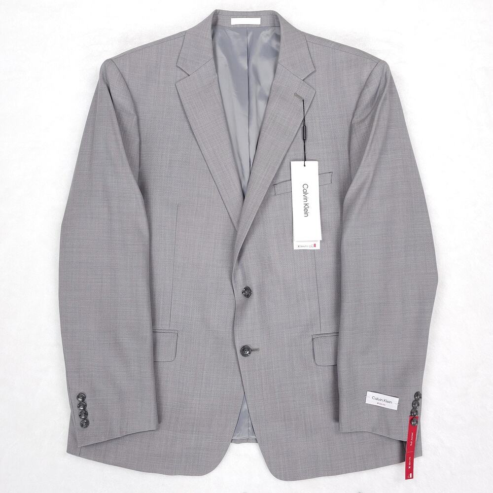 Calvin Klein Mens Slim Fit Suit Jacket 48R Light Grey Solid Stretch Wool NWT